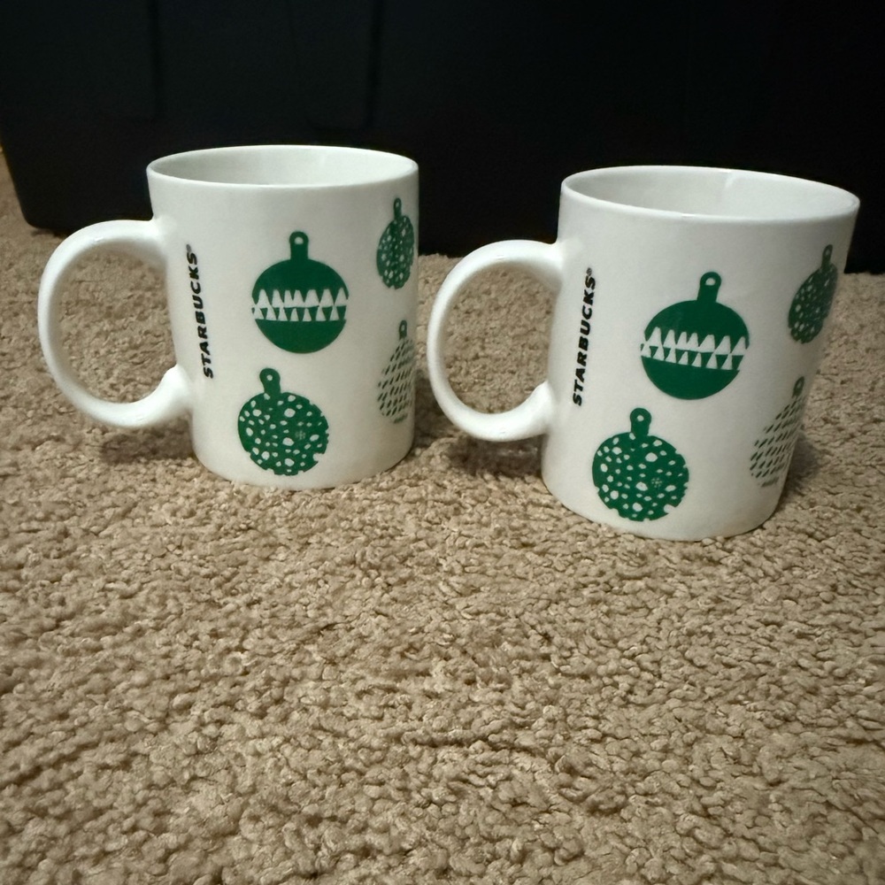 Set of 2 Starbucks 2016 Holiday Ornament Mugs 12oz Green & White Christmas - Picture 1 of 4